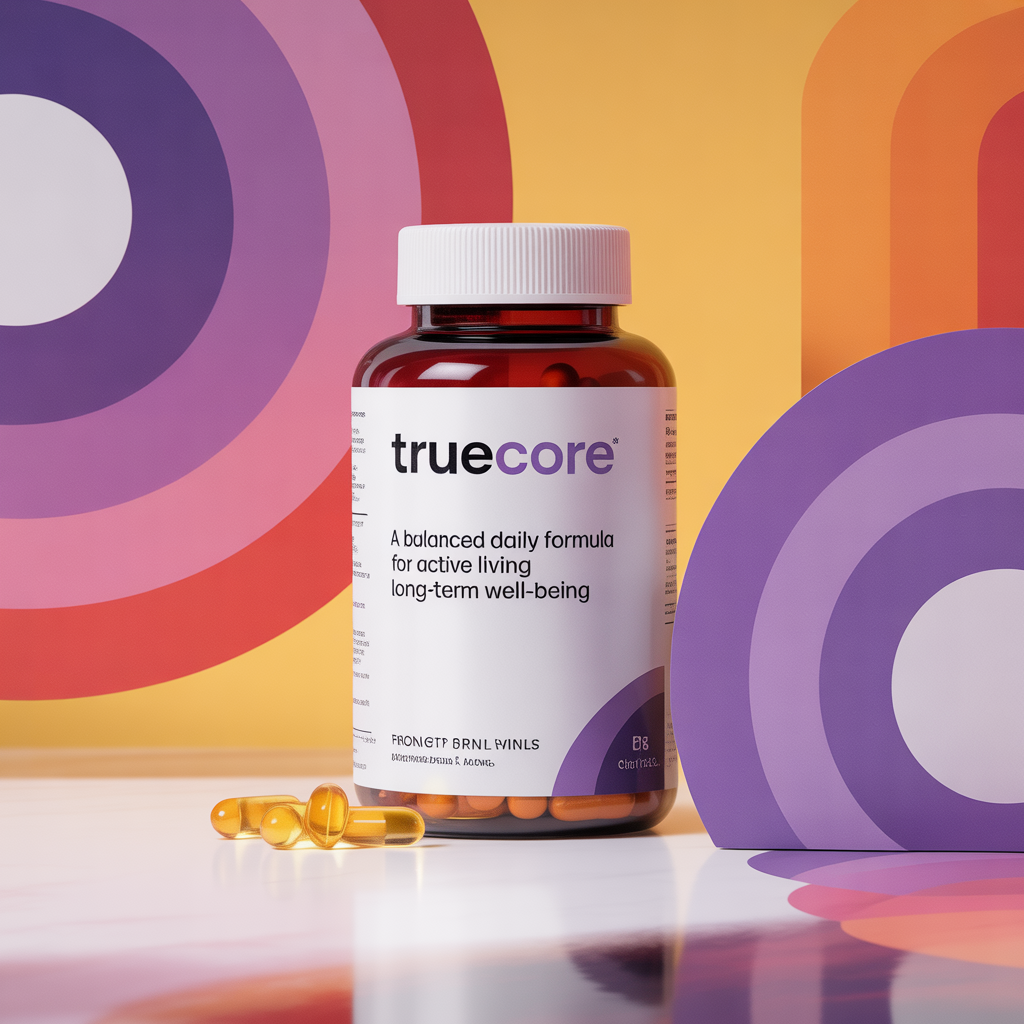 TrueCore supplement bottle with vibrant gradient label